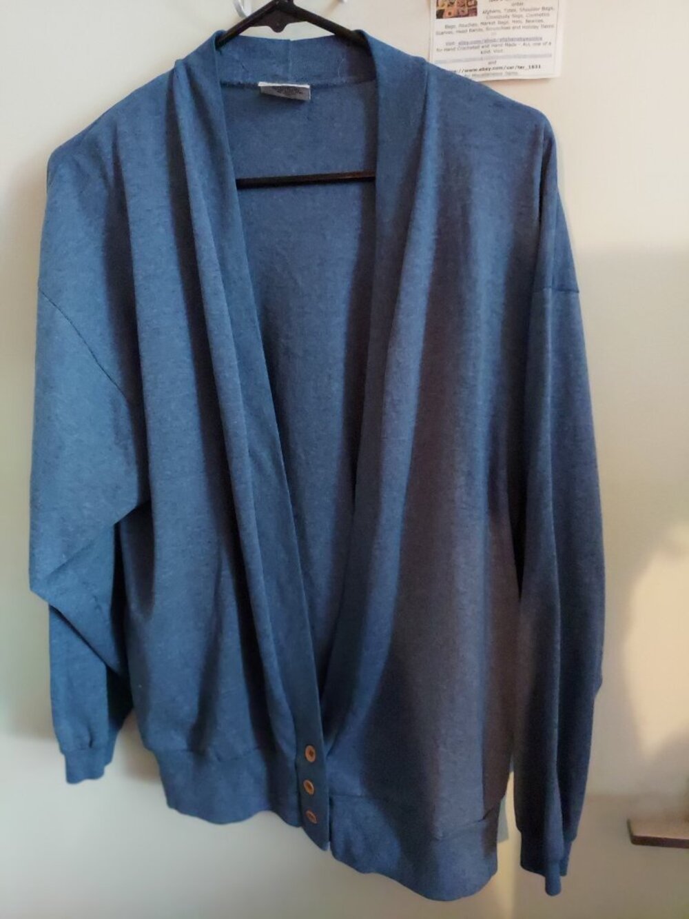 Seasons, button front sweater, long sleeves, one size, 2 pockets, light blue